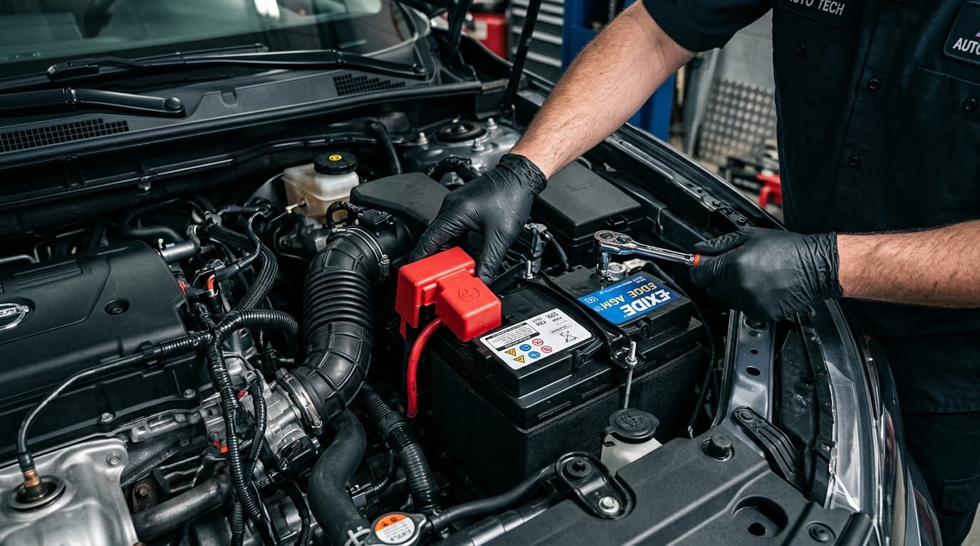 Automotive battery installation in vehicle engine bay