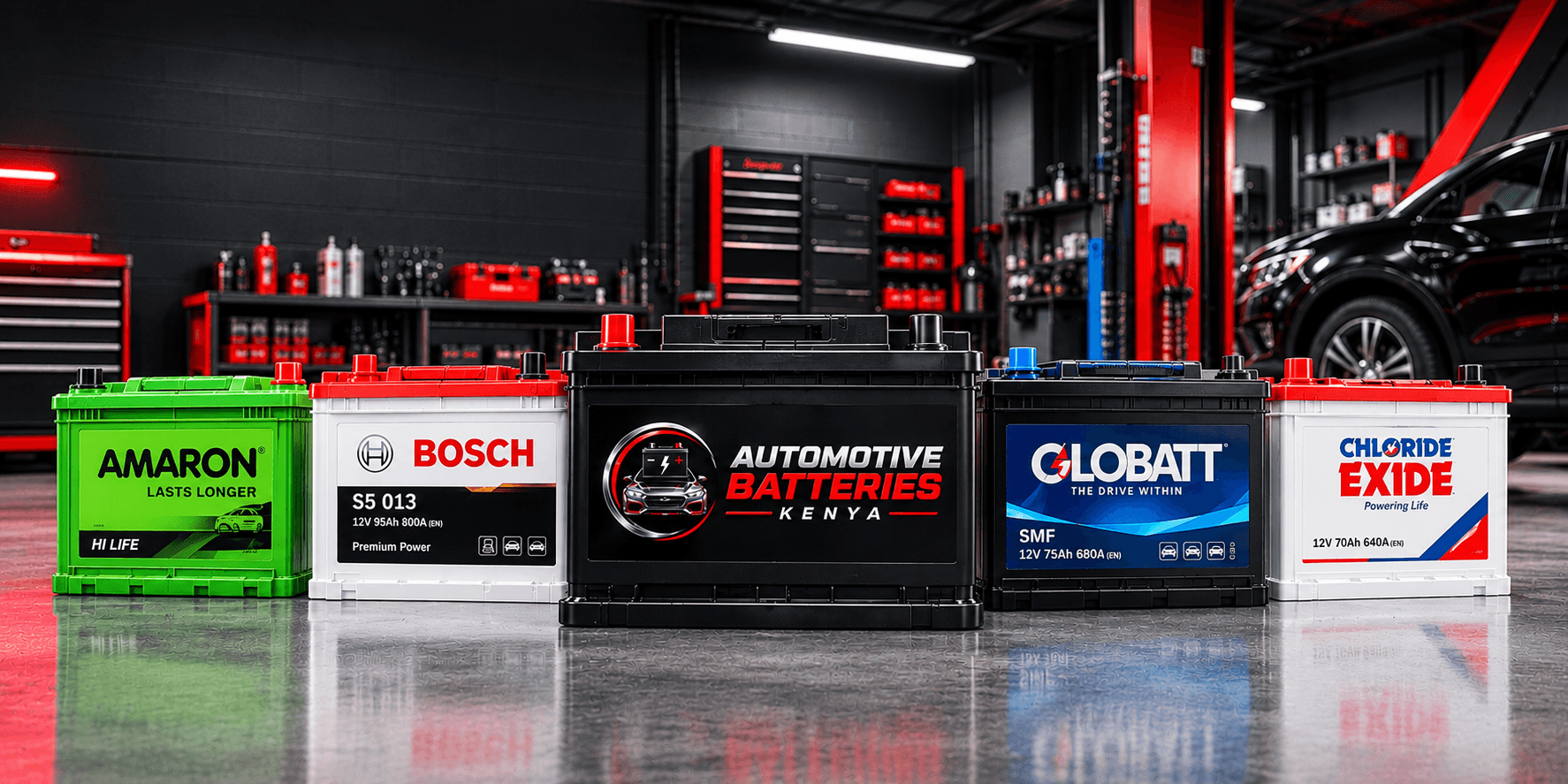 Automotive Batteries Kenya showroom cluster featuring Amaron, Bosch, Globatt, and Chloride Exide batteries